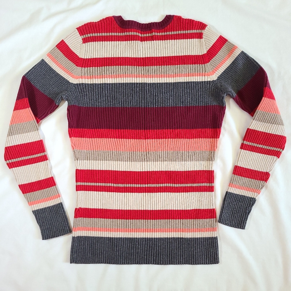 ❤️VGUC St. John's Bay V-Neck Red/Grey/Cream Ribbed Long Sleeve Knit Sweater, M - Picture 3 of 15